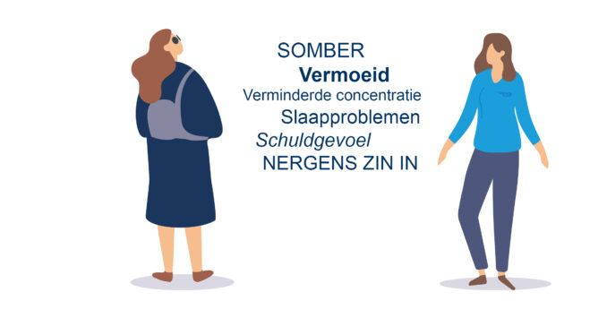 illustratie van een blinde vrouw met een zonnebril en een rugzak, en een dame die rechts tegenover haar staat. Ertussenin de woorden: somber, vermoeid, verminderde concentratie, slaapproblemen, schuldgevoel, nergens zin in.